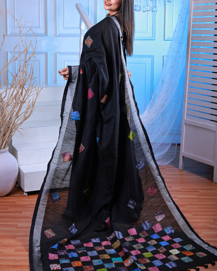 Cotton black saree with katha stitch and applique work