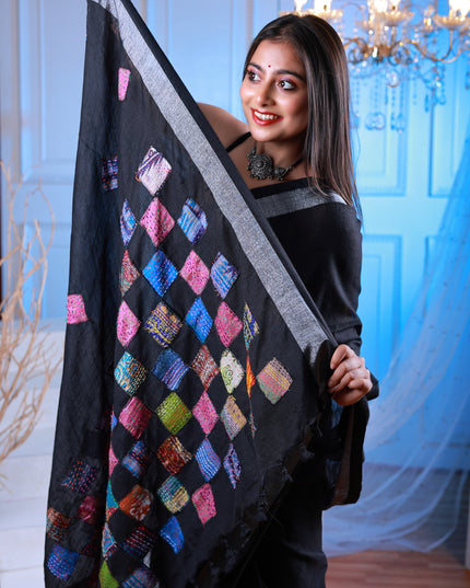 Cotton black saree with katha stitch and applique work