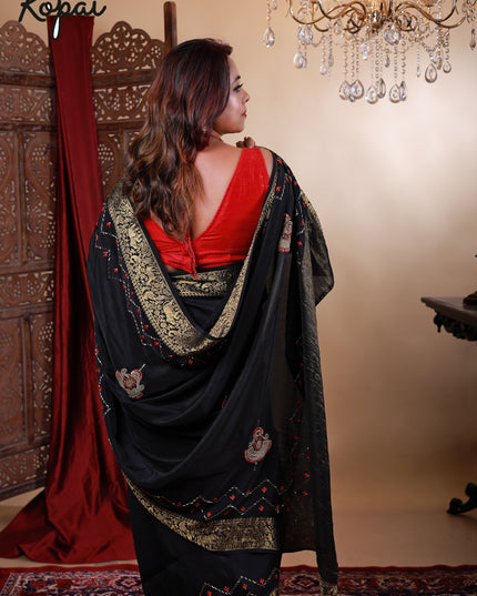 Black satin saree