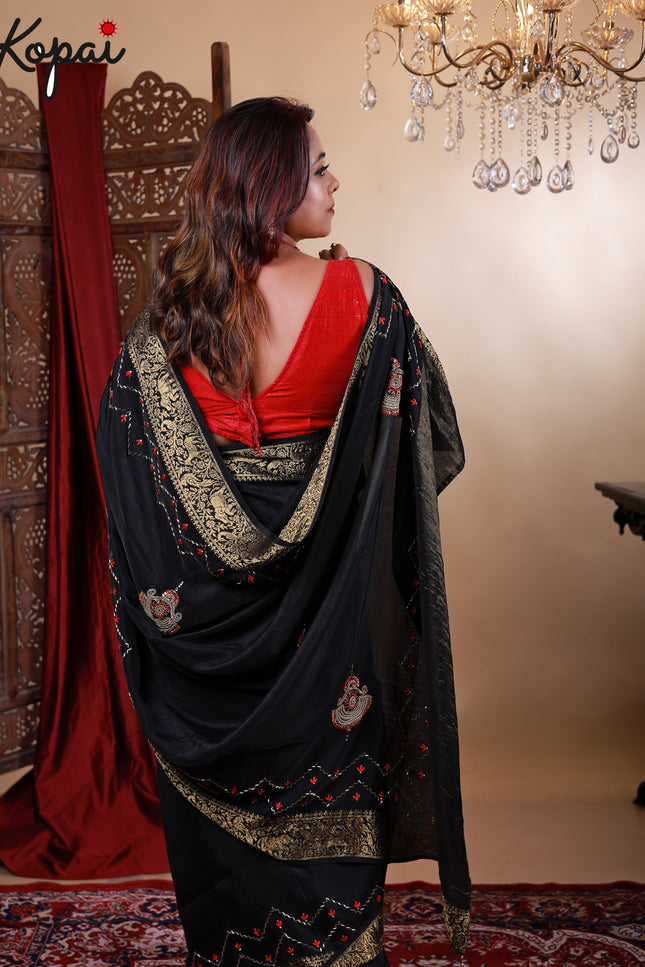 Black satin saree