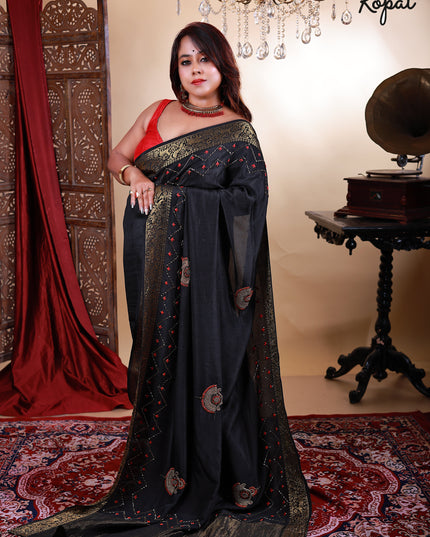 Black satin saree