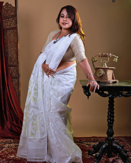 Dhakai jamdani soft white saree