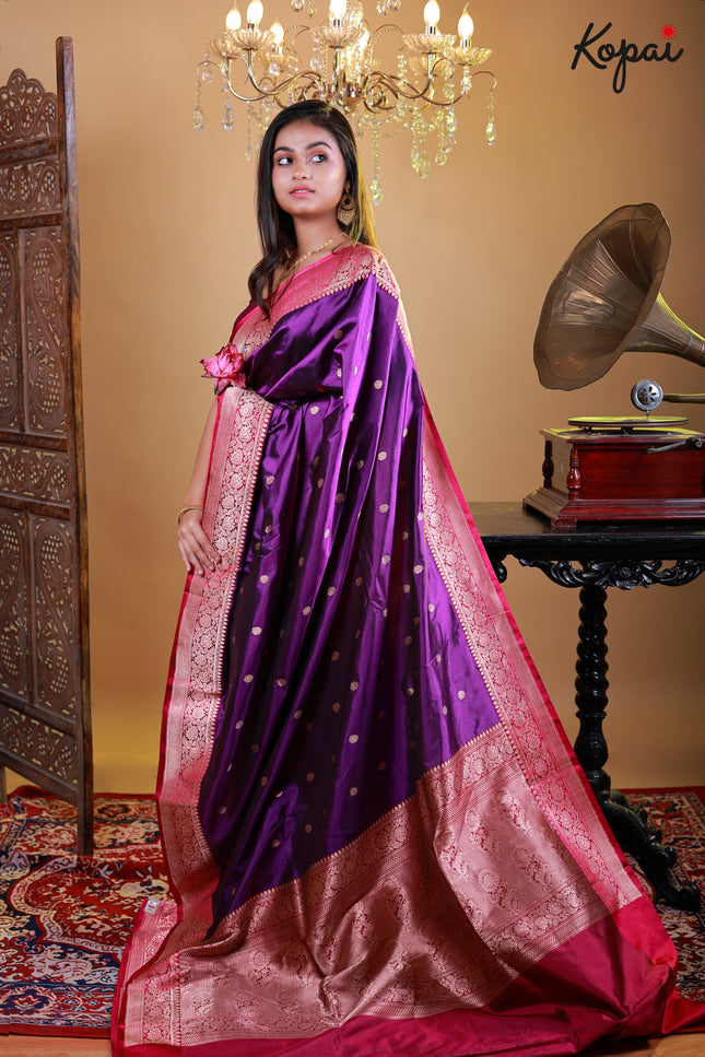 Pure katan silk saree with purple pink and golden border