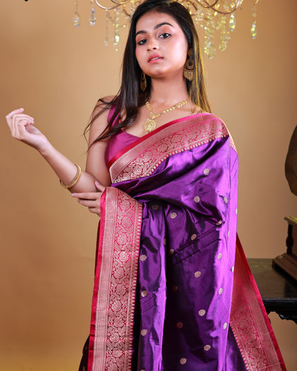 Pure katan silk saree with purple pink and golden border
