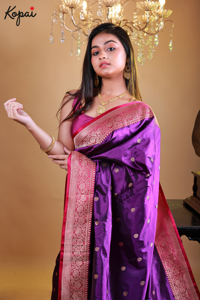 Pure katan silk saree with purple pink and golden border
