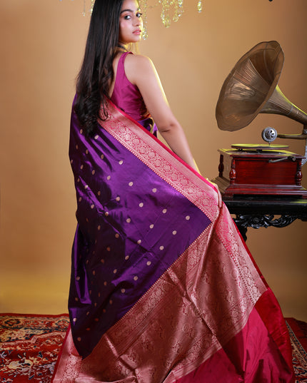 Pure katan silk saree with purple pink and golden border