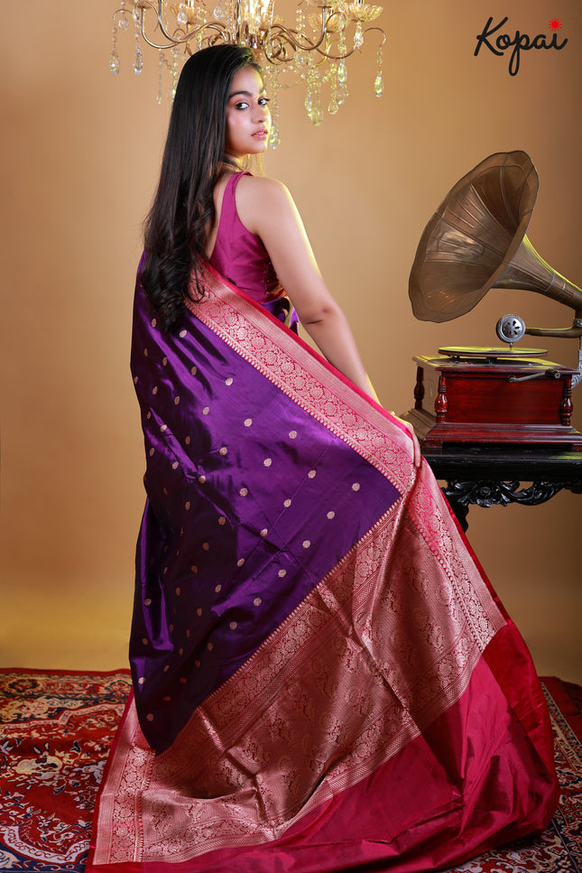 Pure katan silk saree with purple pink and golden border