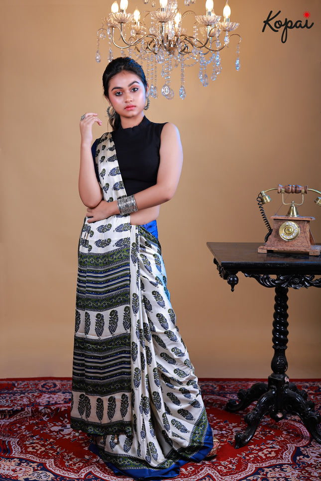 Modal aajrakh silk off-white saree