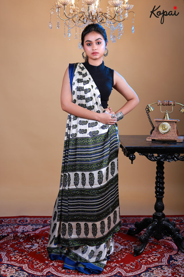 Modal aajrakh silk off-white saree