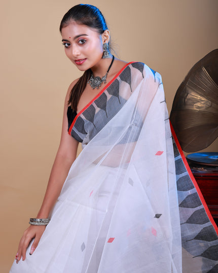 Muslin jamdani saree with white temple border