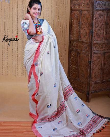 Cotton handloom off-white saree with motifs