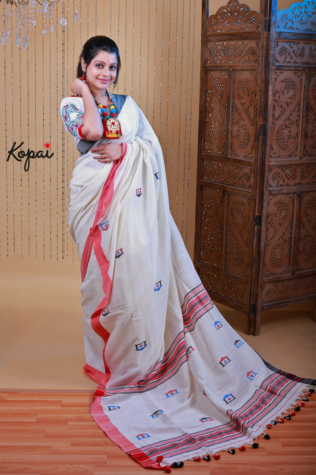 Cotton handloom off-white saree with motifs