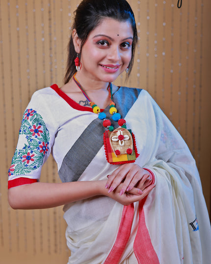 Cotton handloom off-white saree with motifs
