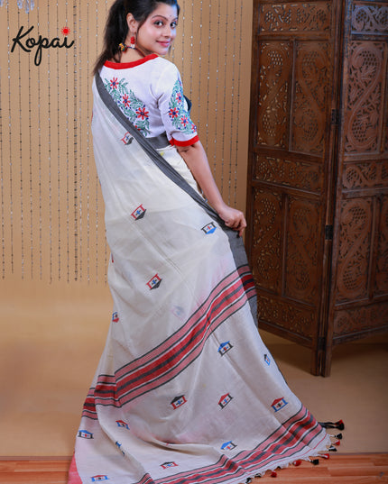 Cotton handloom off-white saree with motifs