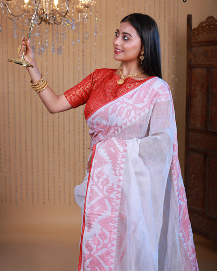 Korat linen white with red border saree