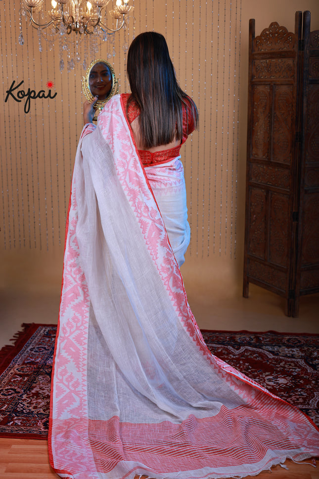 Korat linen white with red border saree
