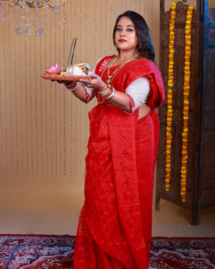 Dhakai jamdani red soft saree