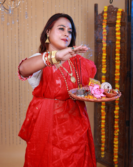 Dhakai jamdani red soft saree
