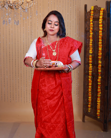 Dhakai jamdani red soft saree