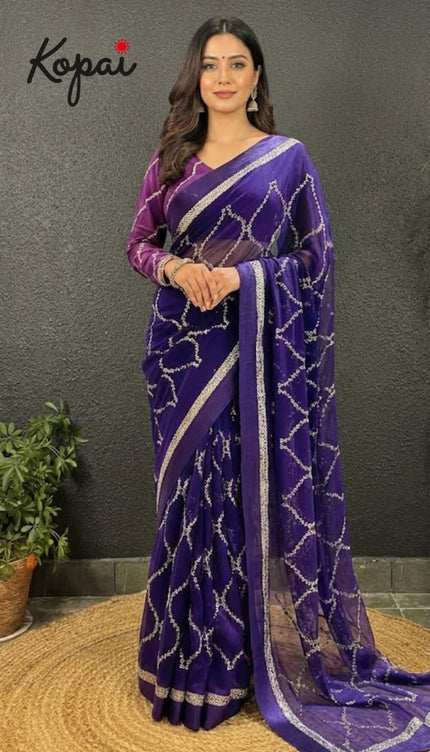 Purple Georgette Embroidery Saree