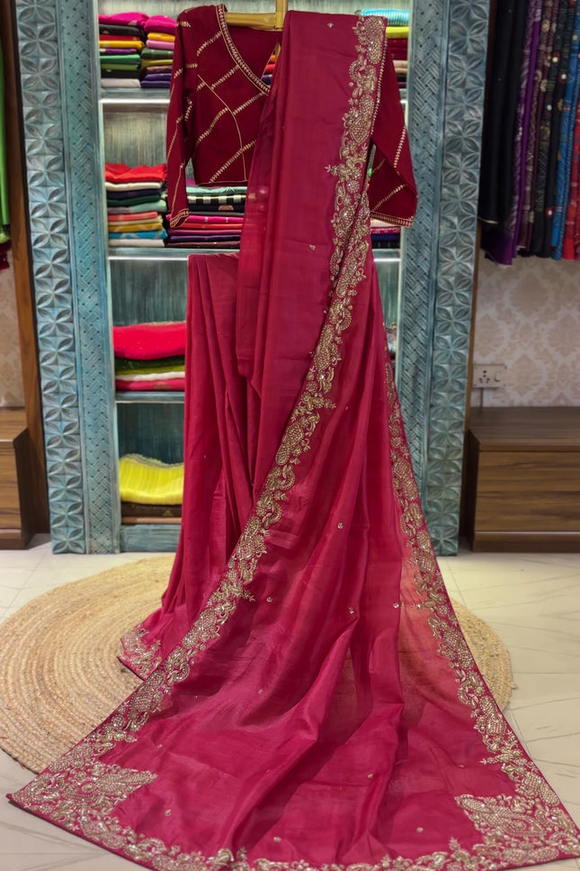 Red Tussar Silk Zardosi Designer Saree with Blouse Piece | Bridal & Wedding Wear