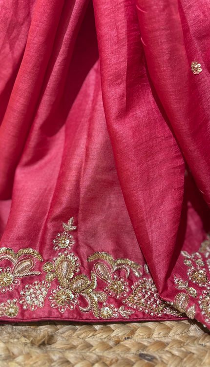Red Tussar Silk Zardosi Designer Saree with Blouse Piece | Bridal & Wedding Wear