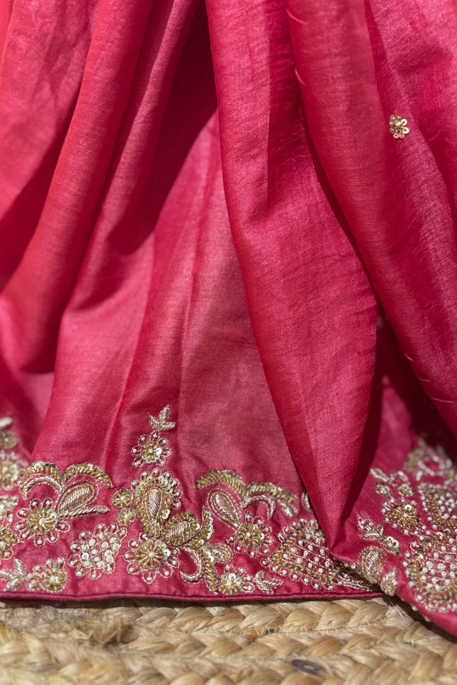 Red Tussar Silk Zardosi Designer Saree with Blouse Piece | Bridal & Wedding Wear