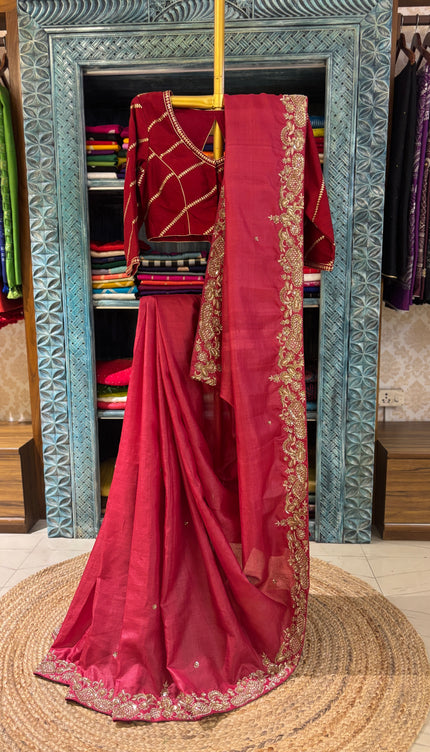 Red Tussar Silk Zardosi Designer Saree with Blouse Piece | Bridal & Wedding Wear