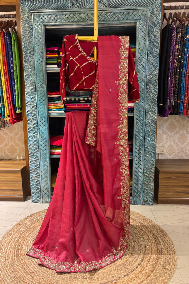 Red Tussar Silk Zardosi Designer Saree with Blouse Piece | Bridal & Wedding Wear