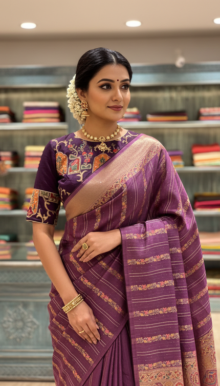 Silk _ Purple Dola Silk with golden motifs