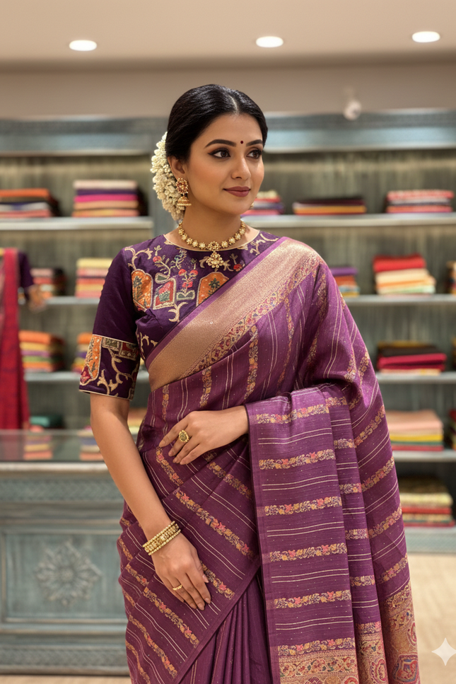 Silk _ Purple Dola Silk with golden motifs